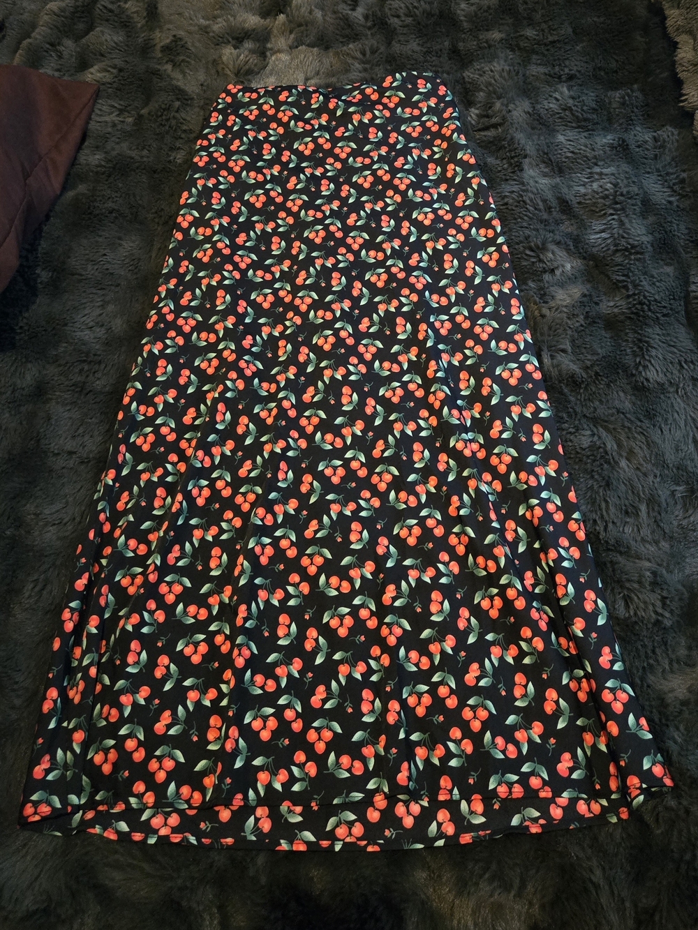Black Cherry-Print Maxi Skirt with Elastic Waist